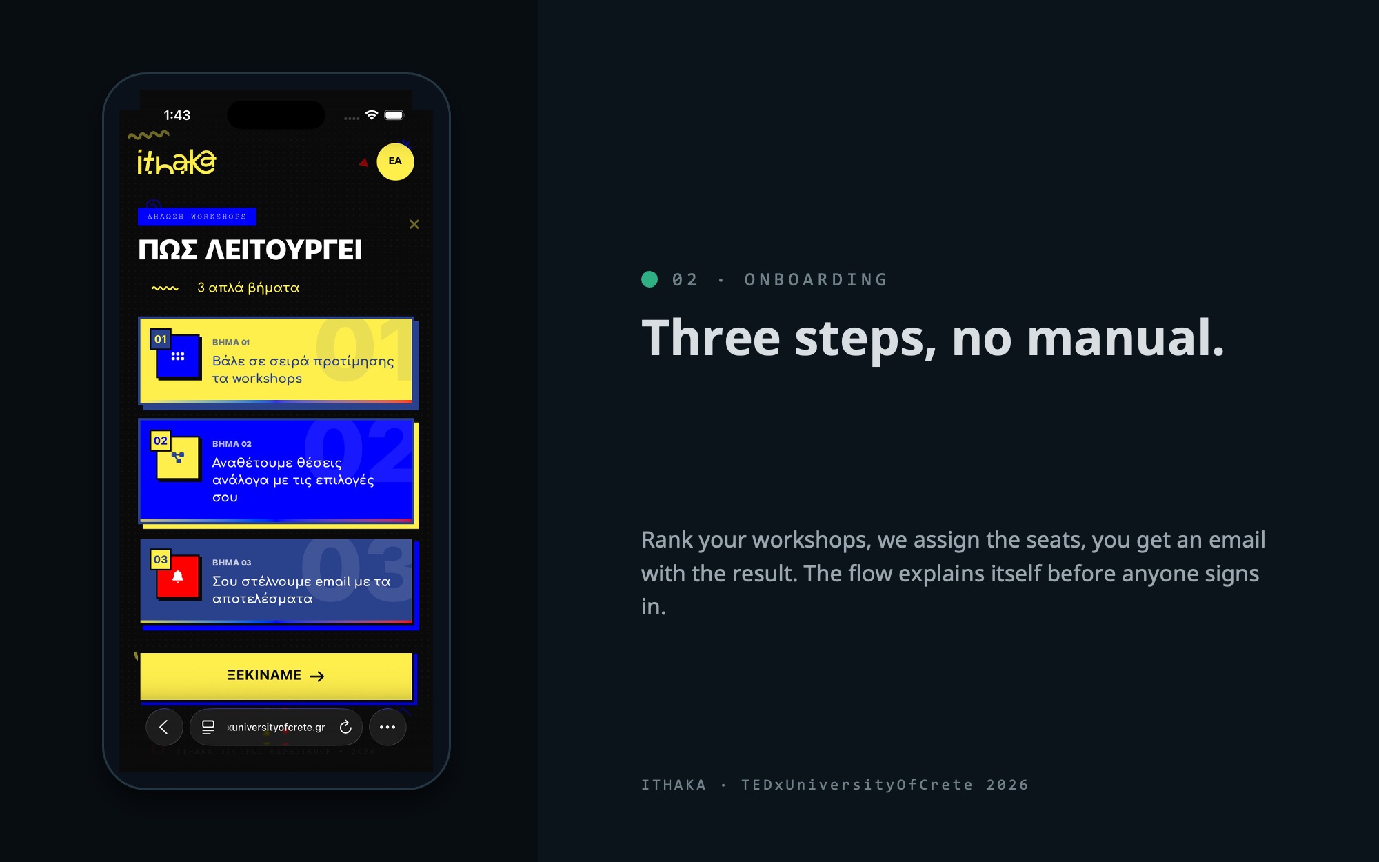 ITHAKA onboarding — three steps explained up front, no manual required